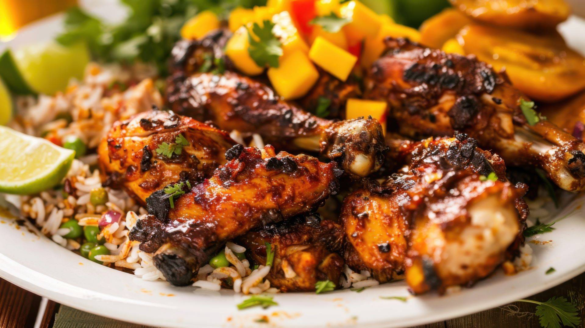 Jerk Chicken mit exotischer Mango-Beilage auf Reis