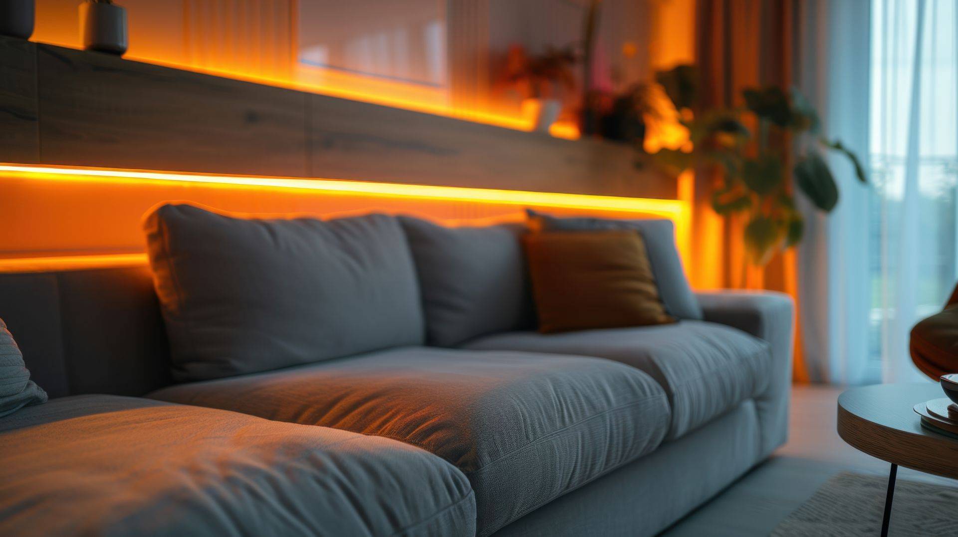 Indirekte LED Beleuchtung hinter einem Sofa, warmes Licht betont die Rueckwand im modernen Wohnzimmer