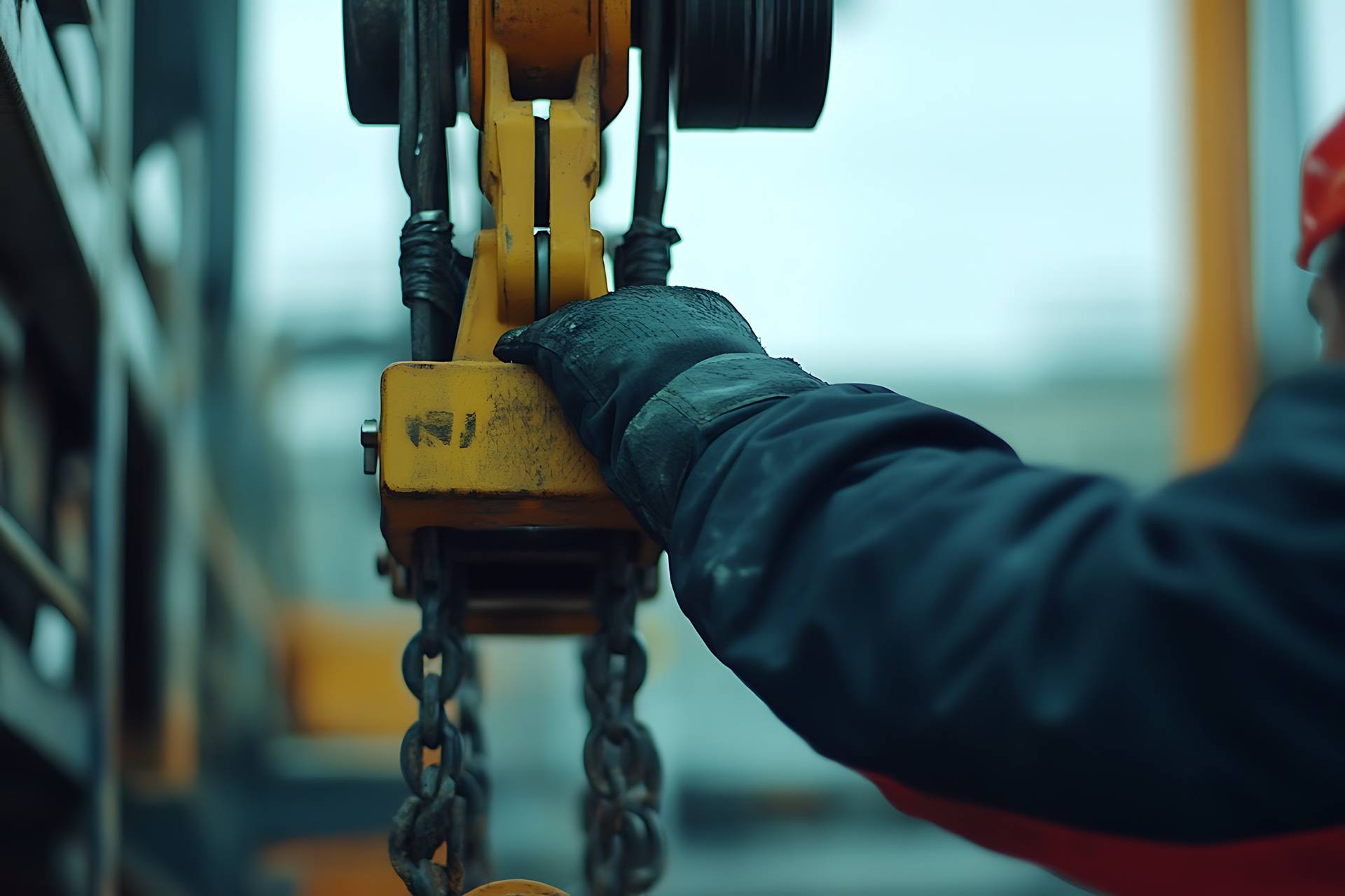 Arbeiter kontrolliert Kettenmechanik an gelbem Hebesystem | Elektroseilwinde